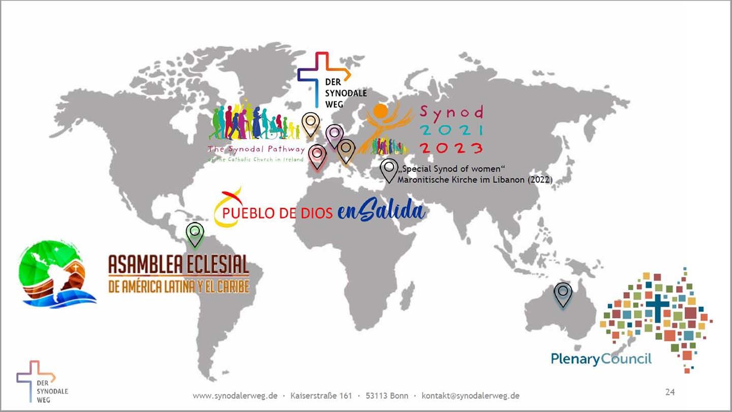 Weltkarte mit Logos der synodalen Versammlungen auf den Kontinenten