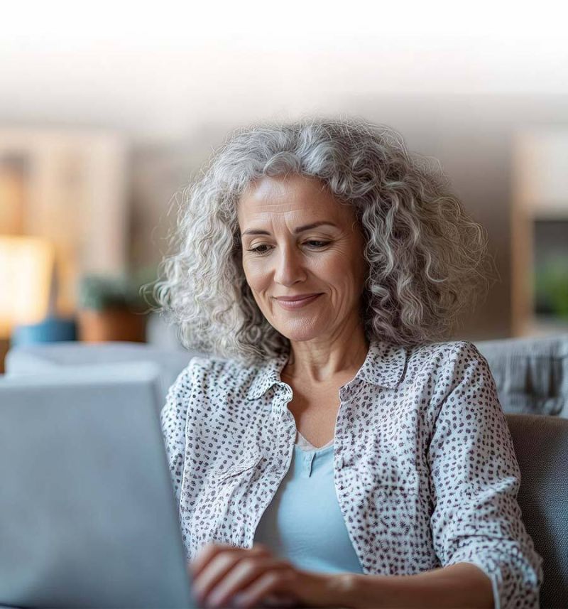 Frau mit grauen Haaren sitzt mit Laptop gemütlich auf einer Couch