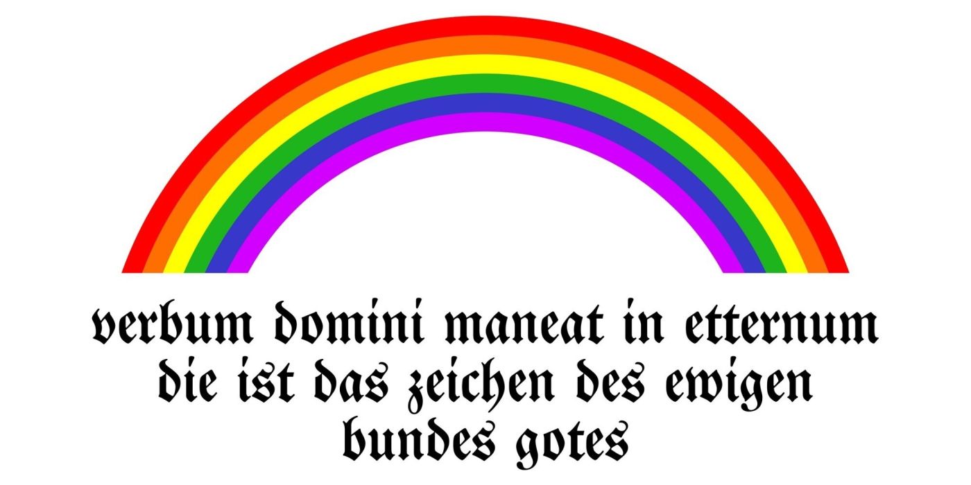 Flagge, die im Laufe des Bauernkrieges im frühen XVI. Jahrhundert von Thomas Müntzer und den Mühlhauser Bauern verwendet wurde