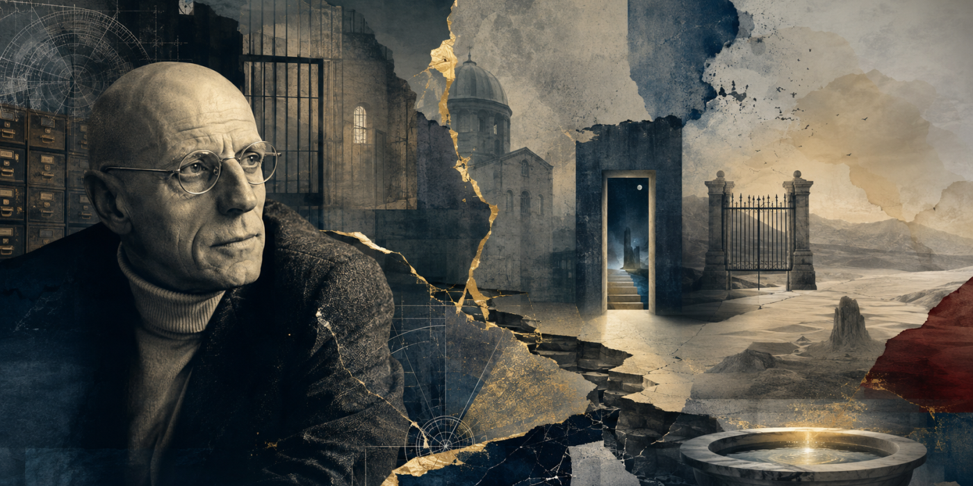 KI-generierte Illustration einer stilisierten Darstellung Michel Foucaults. Erstellt mit ChatGPT (OpenAI)