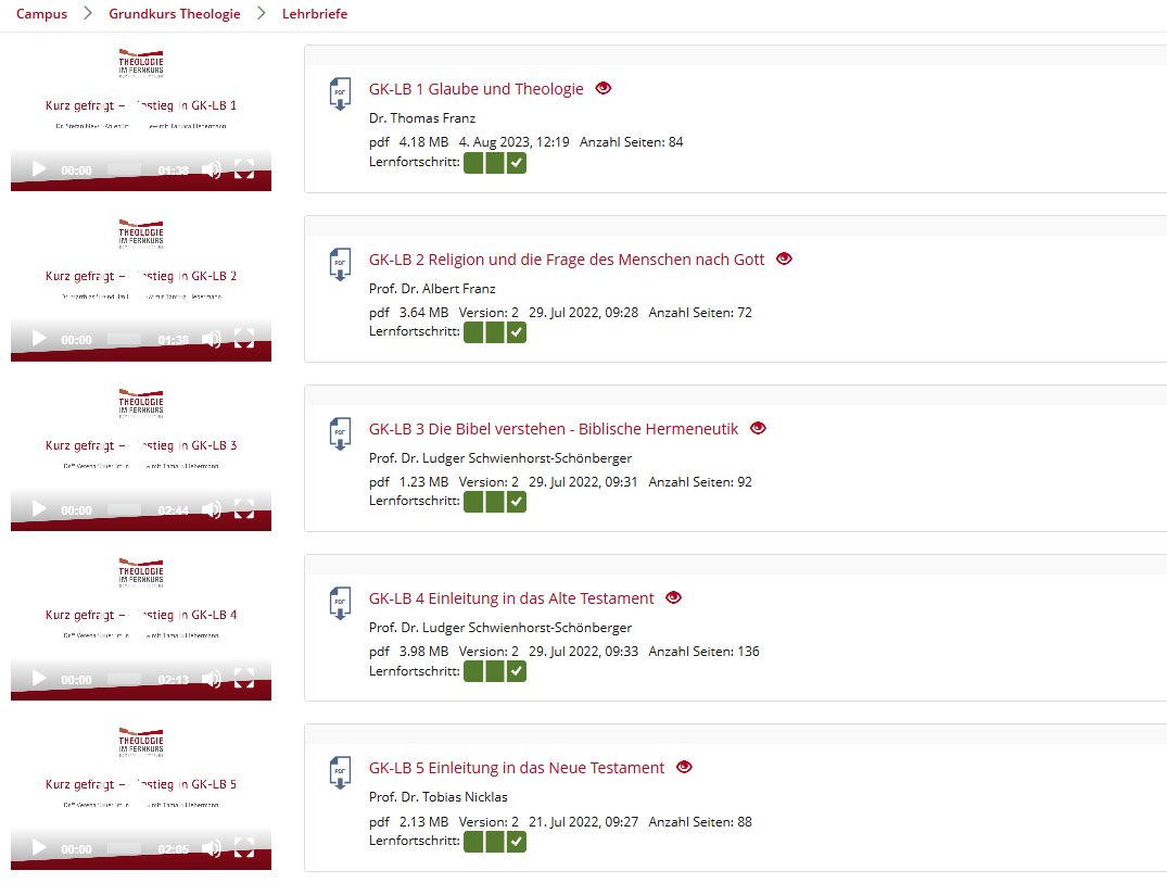 Übersicht „Kurz-gefragt“-Videos auf der eLernplattform