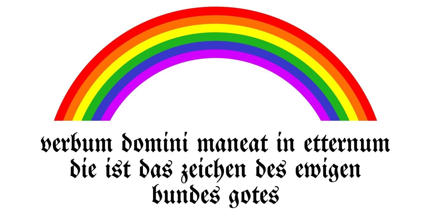Flagge, die im Laufe des Bauernkrieges im frühen XVI. Jahrhundert von Thomas Müntzer und den Mühlhauser Bauern verwendet wurde